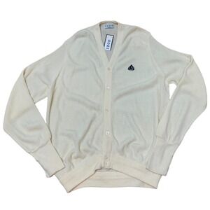 Vintage Izod Crest Logo Cardigan Sweater Cream White Men's L Made in USA NEW NOS